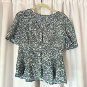 SHEIN Blue & White Floral Print Cottagecore Blouse Size Small
